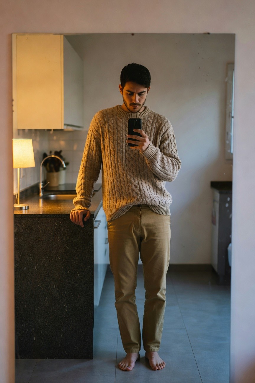 A man stands barefoot in a modern kitchen wearing a beige cable knit sweater, khaki chinos, and holding a phone while leaning on the black countertop, mirrored reflection visible