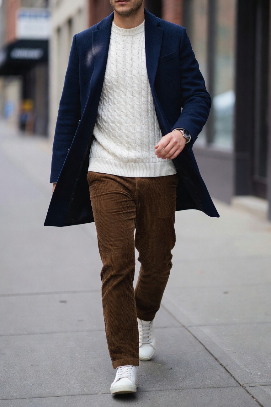 Man walking on urban sidewalk in open navy blue overcoat over white cable knit sweater, brown corduroy pants, white sneakers, and wristwatch, full-body street style outfit emphasizing texture and layering
