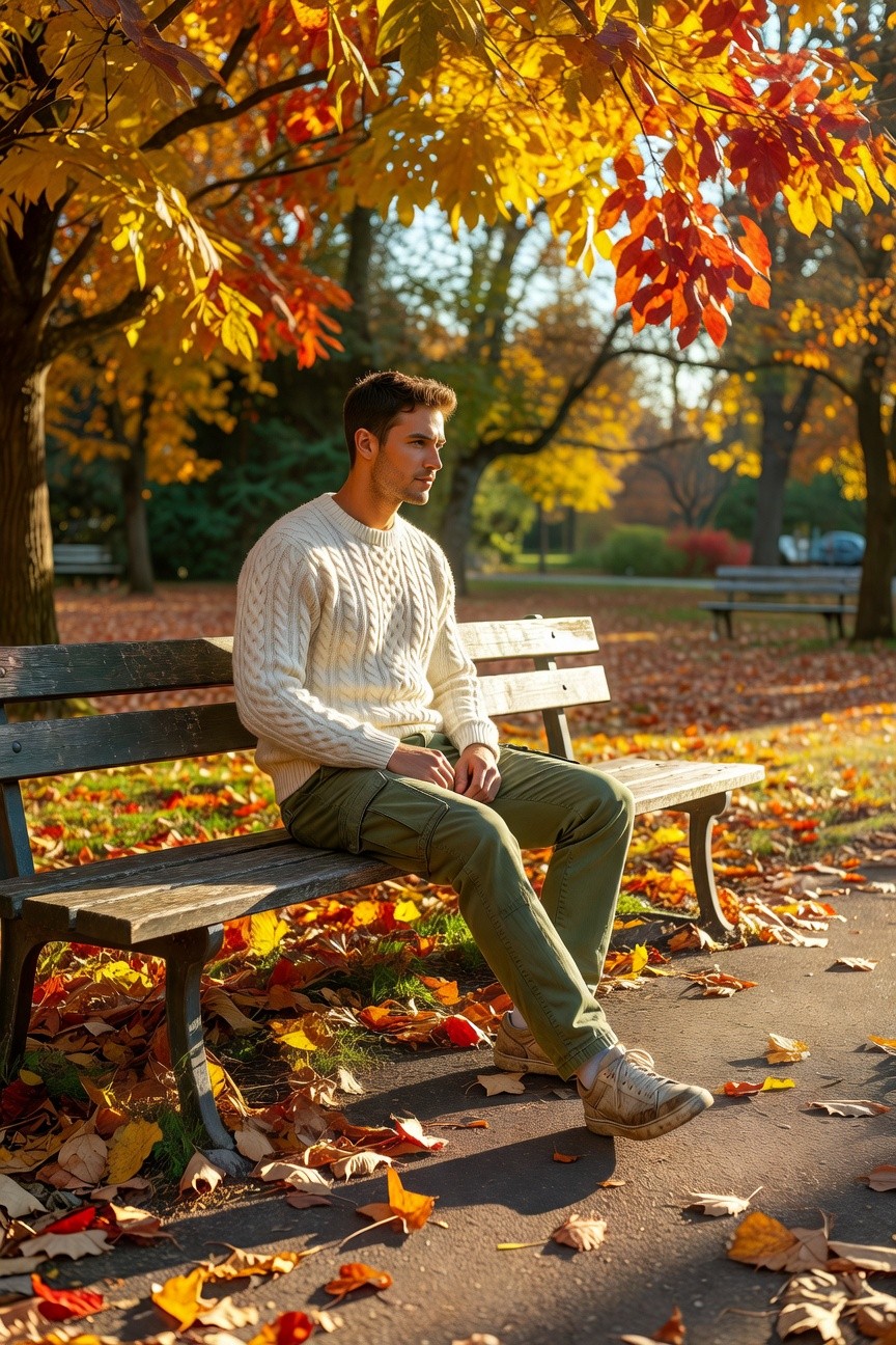 Man in white cable knit sweater and olive green cargo pants sitting on wooden bench with fall leaves on ground