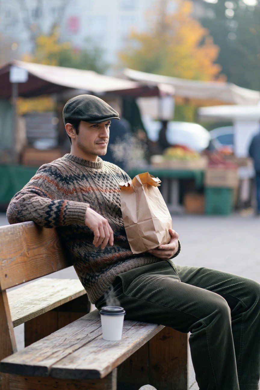 A man sits on a wooden bench wearing a multicolored cable knit sweater in browns, rusts, and blacks, olive green corduroy pants, and a green flat cap, holding a brown paper bag in one hand and a white coffee cup in the other, with a blurred outdoor market background.