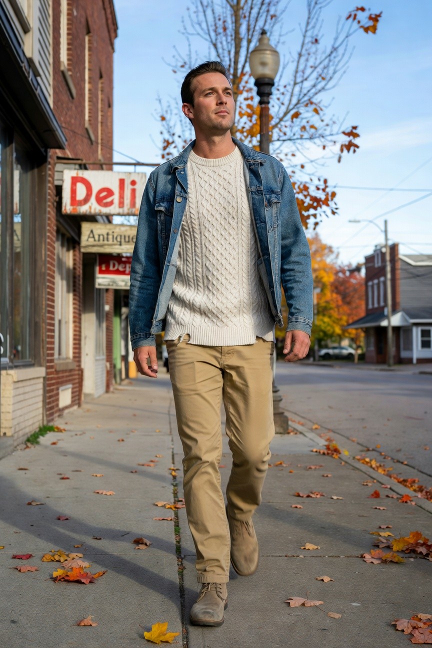 Man in cream cable knit sweater layered under open blue denim jacket, khaki chinos, and tan suede boots, walking on sidewalk