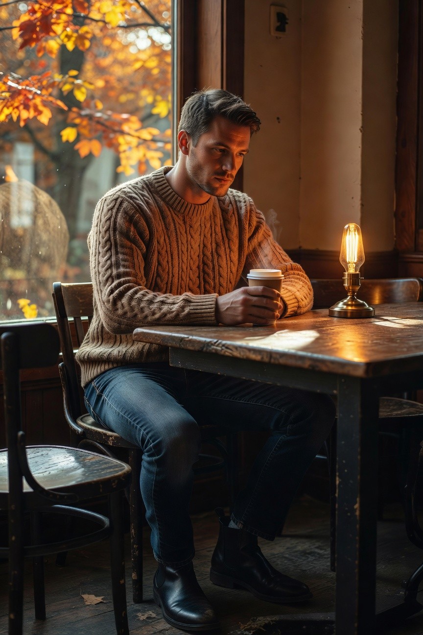 Man sitting at wooden table wearing camel cable knit sweater, blue straight-leg jeans, and black chelsea boots, holding paper coffee cup, warm indoor lighting
