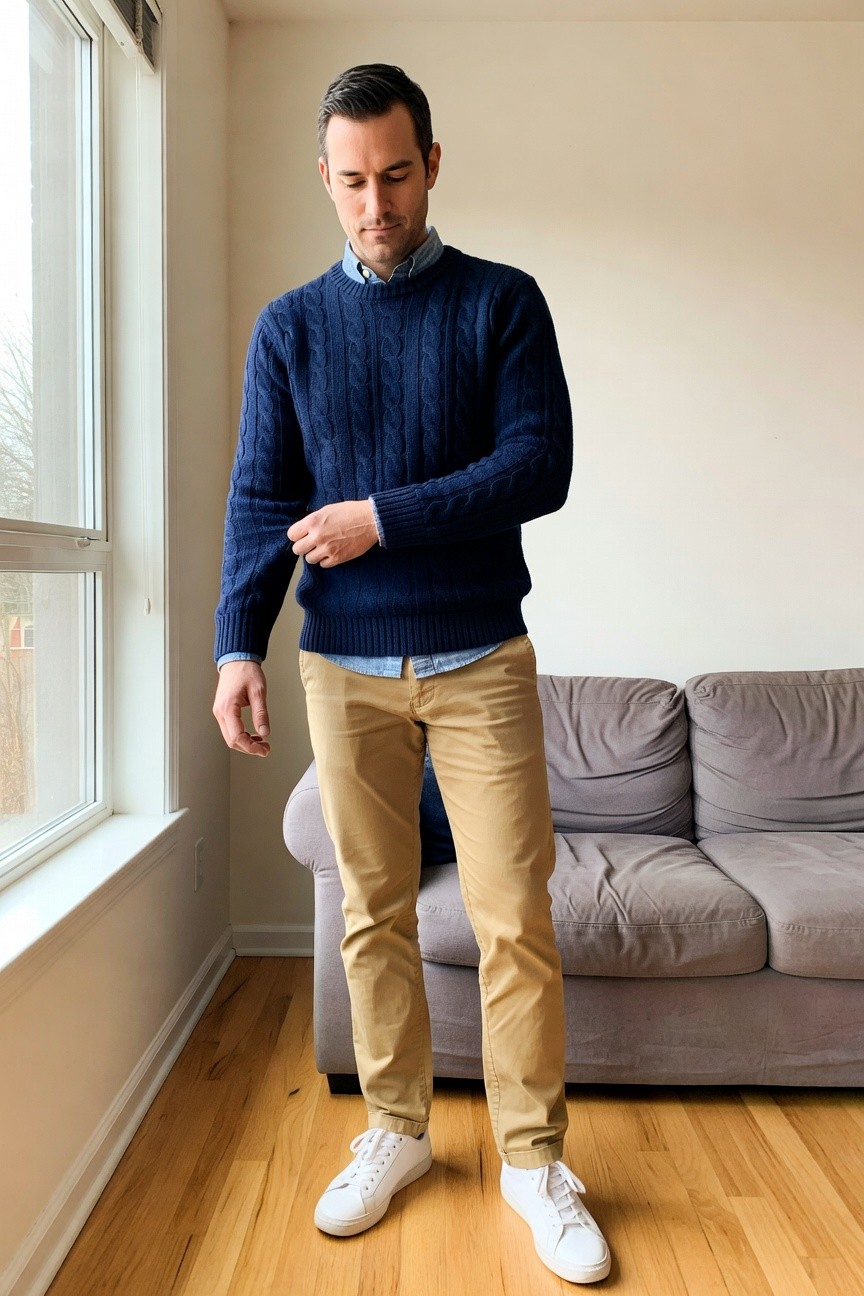 Man in navy cable knit crewneck sweater layered over light blue button-down shirt, khaki chinos, and white sneakers, standing in modern living room with hands casually posed