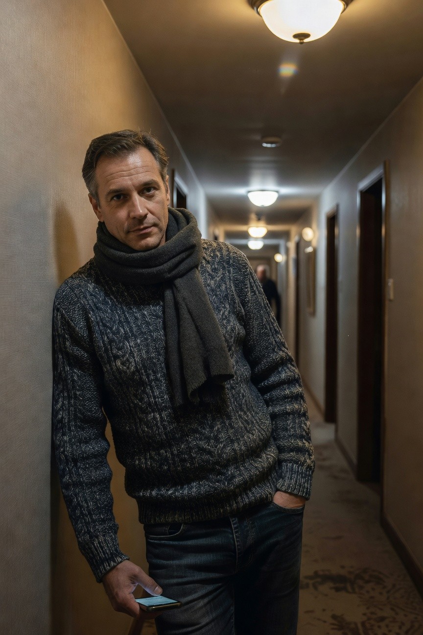 Man in grey cable knit sweater and matching scarf leaning against hotel hallway wall, dark jeans, holding phone casually