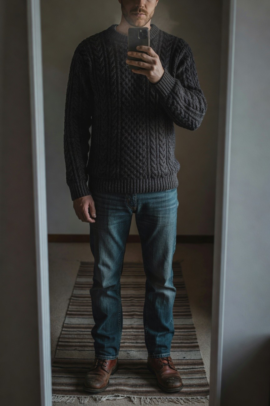 Man in dark gray cable knit sweater, blue straight-leg jeans, and brown leather boots posing in mirror selfie, showcasing casual textured fall outfit