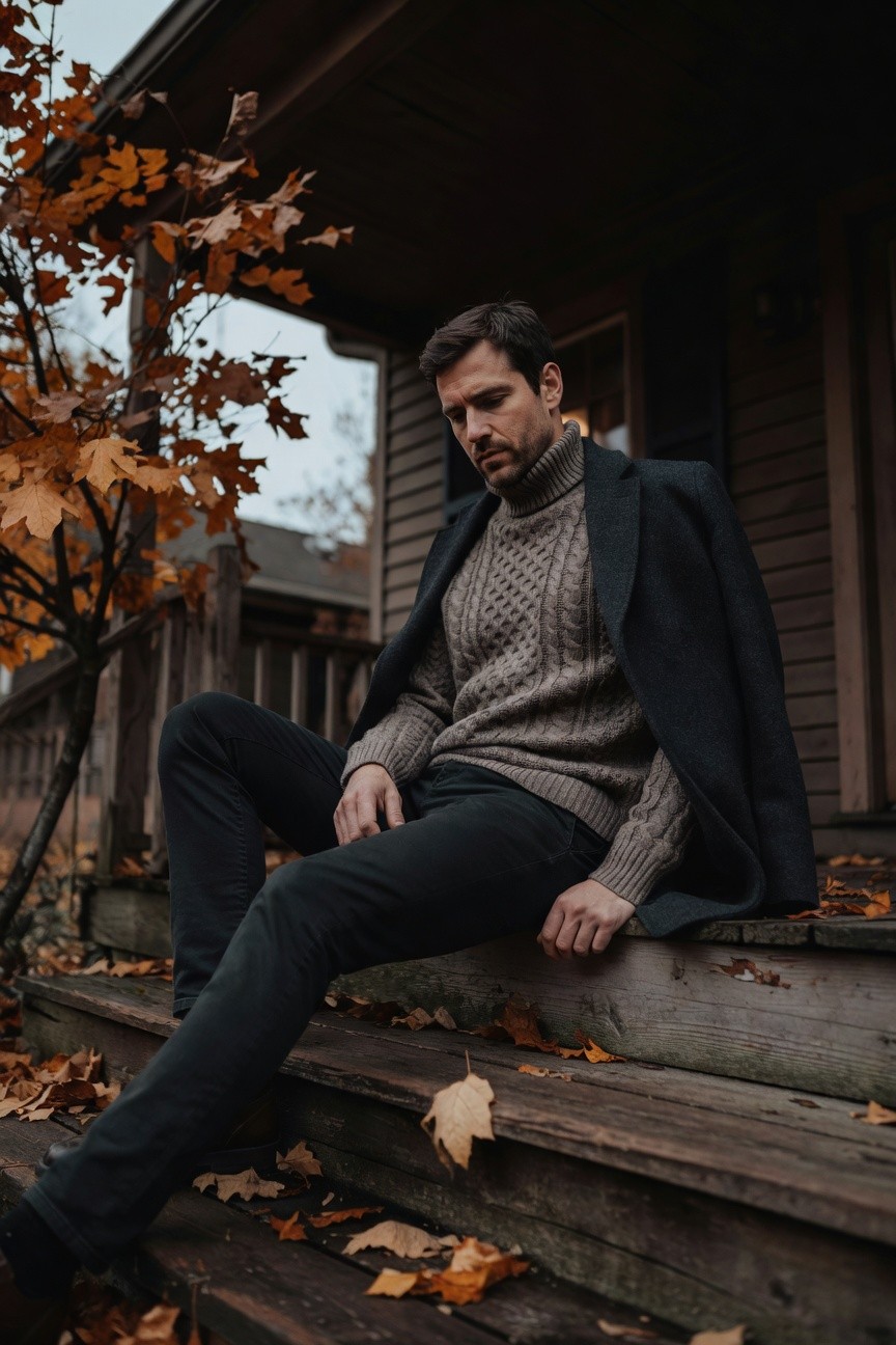 Man sitting on wooden steps in gray cable knit turtleneck sweater under open navy wool overcoat, black slim pants, and black leather boots, autumn leaves scattered nearby