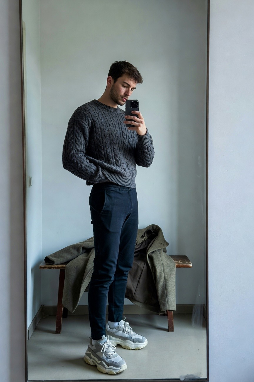 Young man in gray cable knit sweater, slim navy pants, and chunky white sneakers poses in front of mirror holding phone selfie-style, with green coat draped on wooden bench nearby