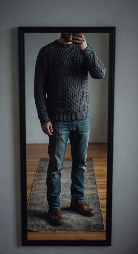 Man in dark gray cable knit sweater, blue straight-leg jeans, and brown leather boots posing in mirror selfie, showcasing casual textured fall outfit