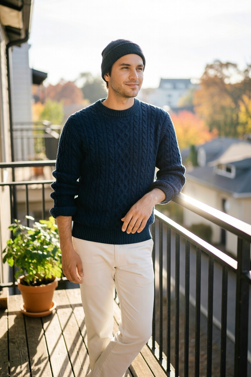 Man in navy cable knit crewneck sweater, cream chinos, and black beanie leaning on balcony railing with potted plant nearby