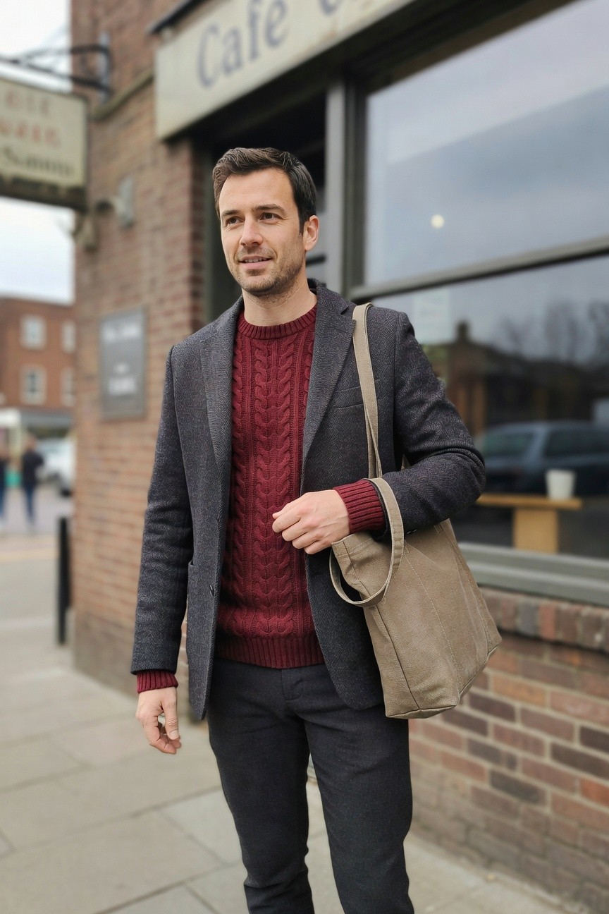 Man in charcoal grey textured blazer over red cable knit sweater, grey trousers, and tan tote bag, standing outside brick cafe building