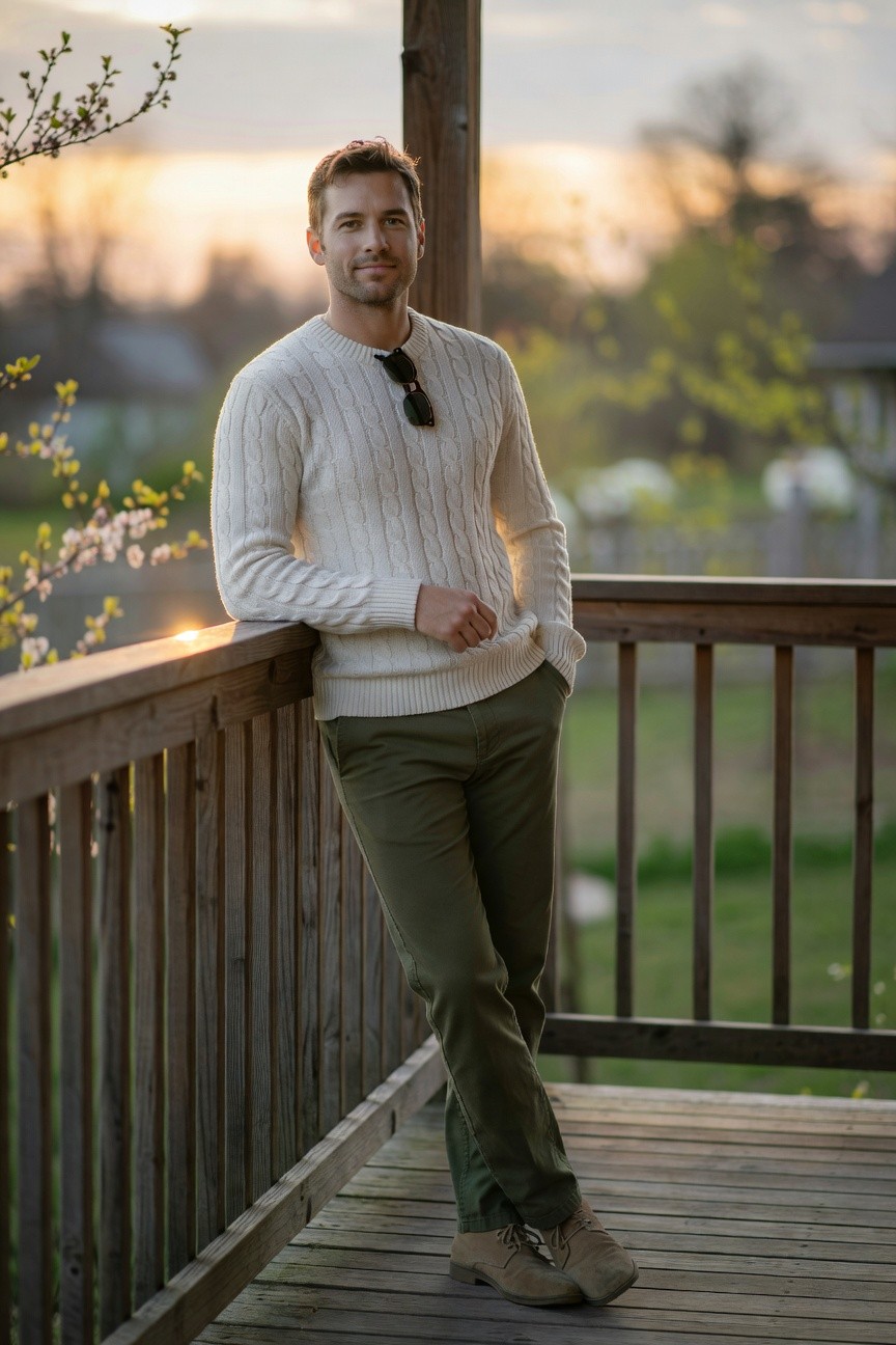 A man leaning against a wooden porch railing, wearing a white cable-knit sweater with sunglasses tucked into the neckline, olive green chinos, and tan suede boots, hands in pockets with one leg crossed over the other.