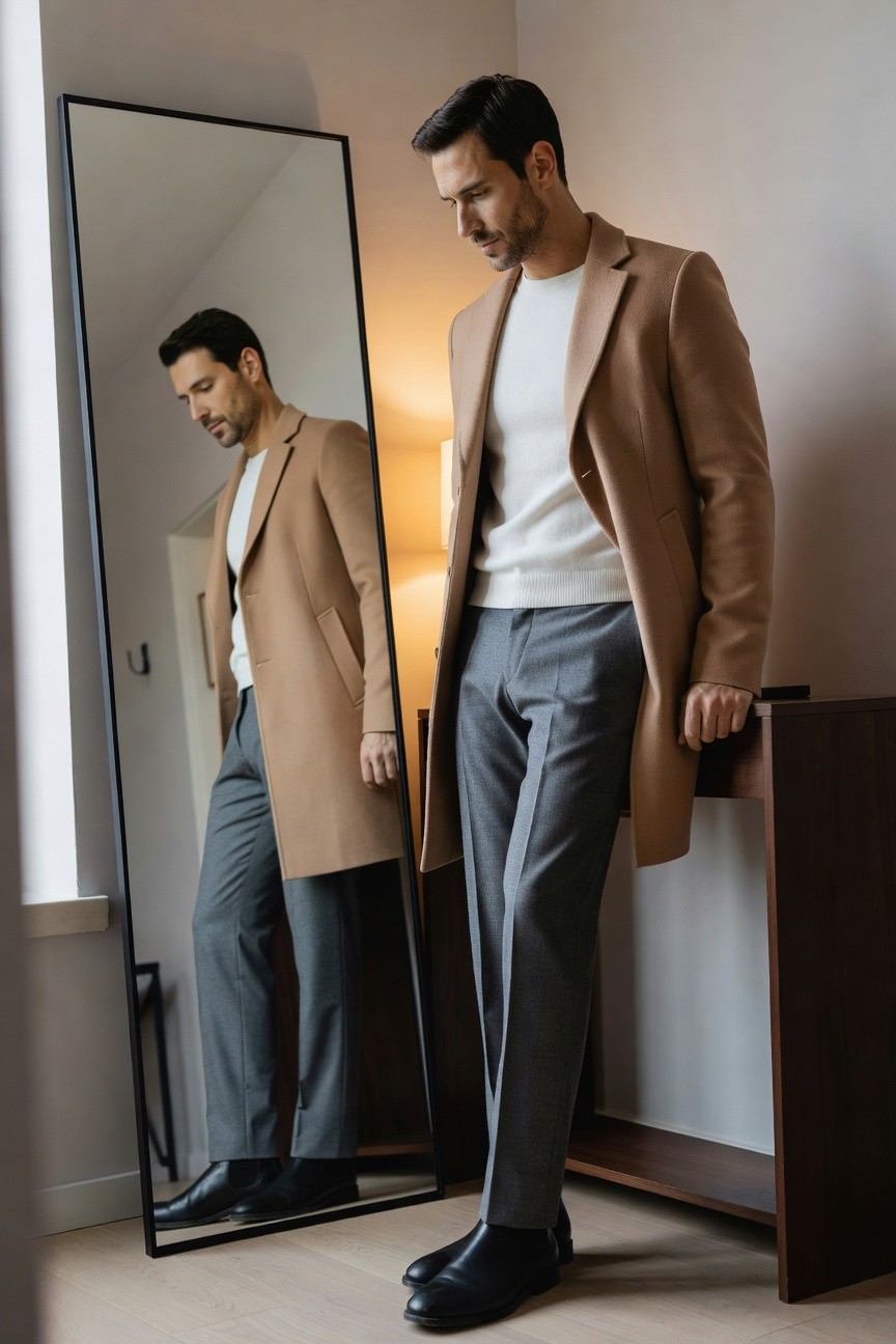 Man in open camel wool overcoat layered over white crewneck sweater, slim gray wool trousers, and black leather loafers, reflected in full-length mirror while standing casually
