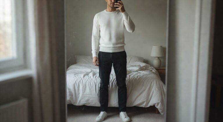 Man taking mirror selfie in white long-sleeve knit crewneck sweater, navy straight-leg trousers with hands in pockets, and white leather sneakers on light wood floor