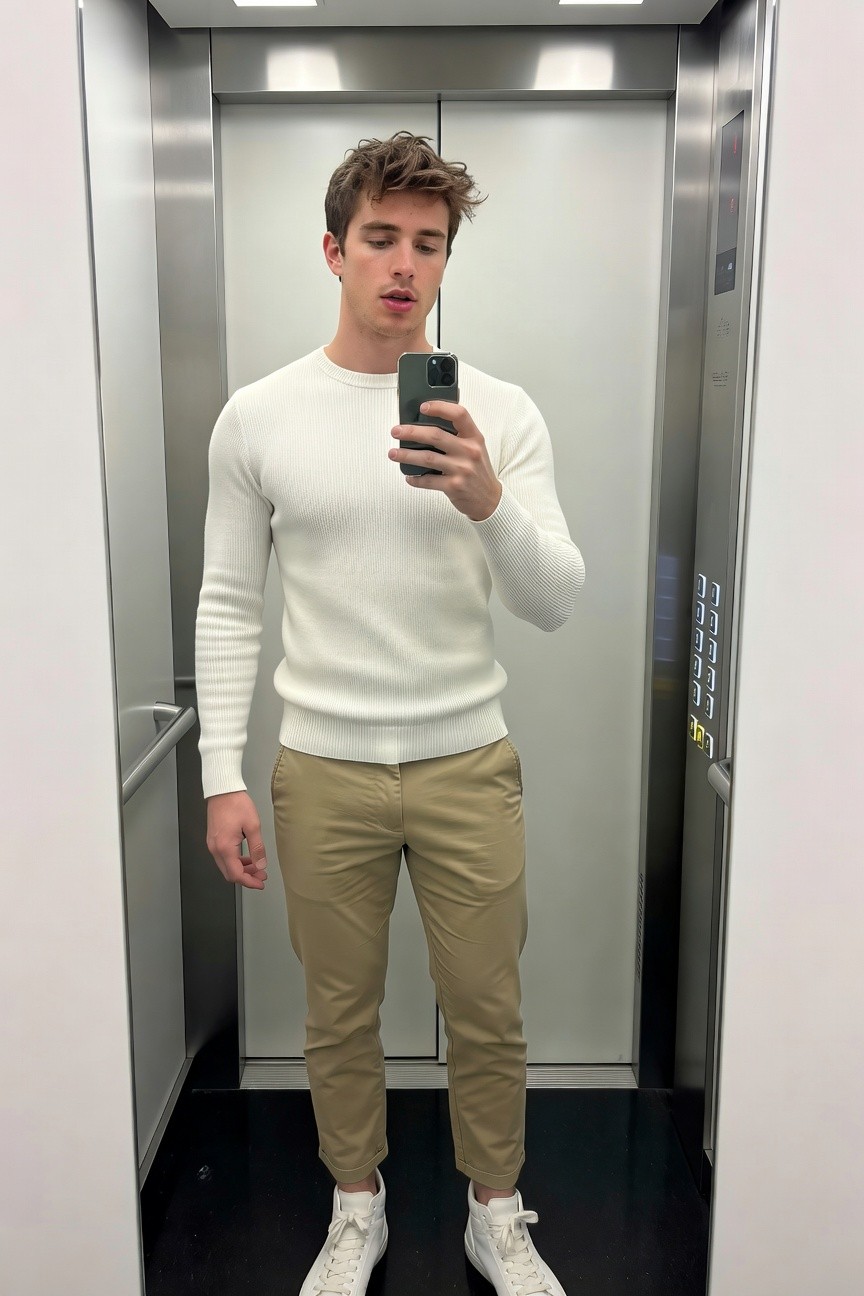 Young man with tousled brown hair taking a mirror selfie in a modern elevator, wearing a fitted white ribbed crewneck sweater, slim khaki chinos cropped at the ankles, and white high-top sneakers, holding a green smartphone