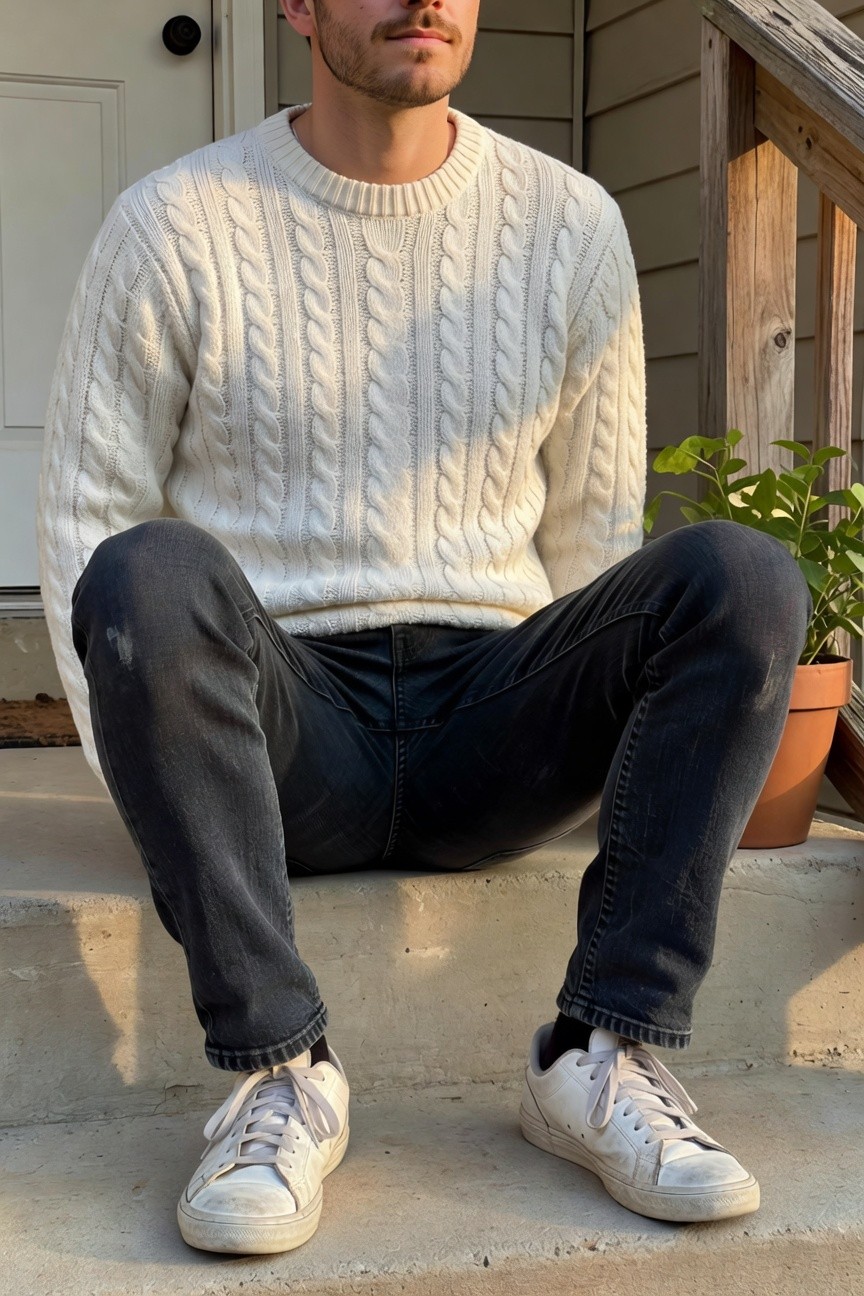 A man seated on concrete steps in a cream cable knit sweater, slim black jeans with faded knees, and white low-top sneakers, casual elevated style