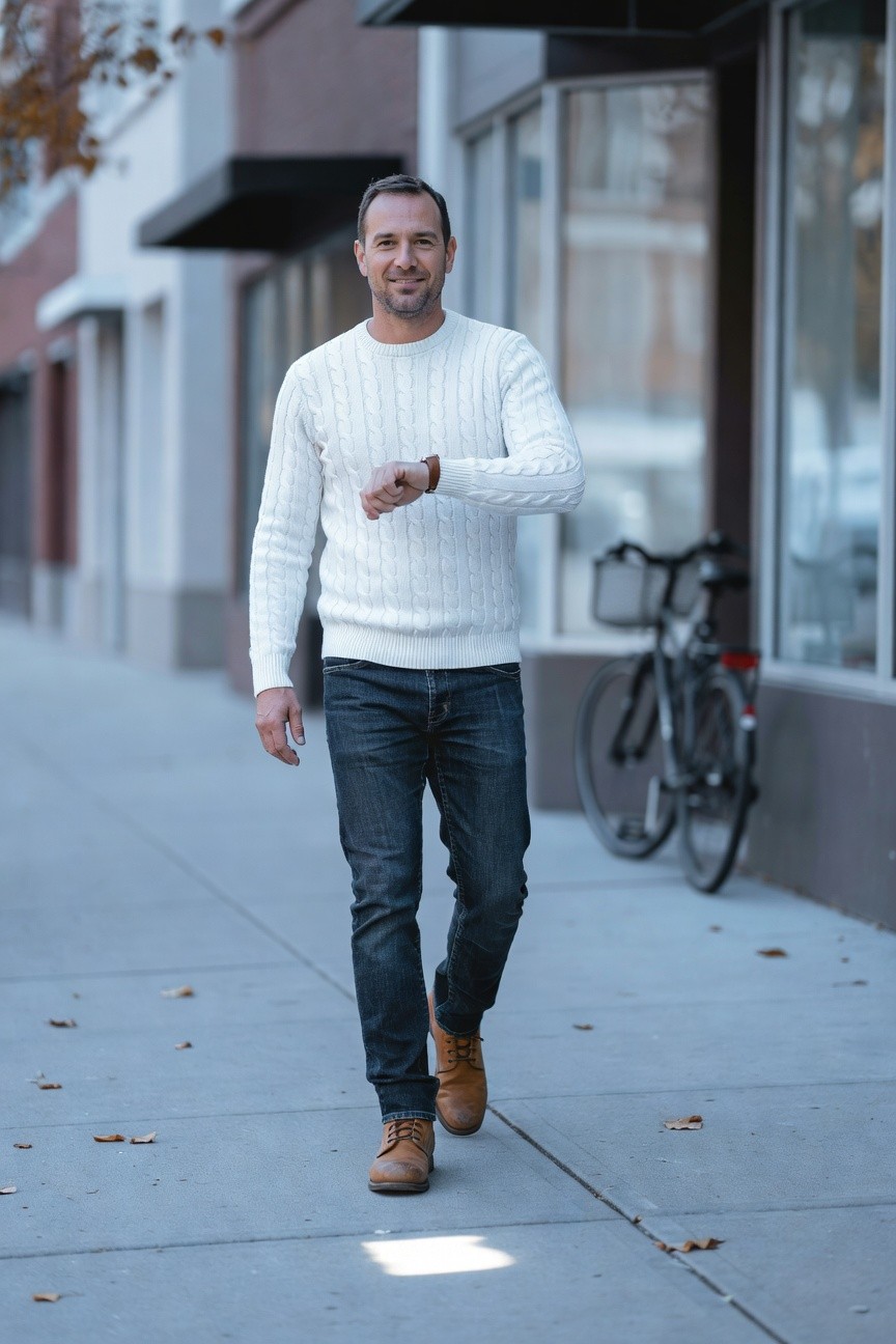 Man in white cable-knit sweater, slim dark jeans, tan leather chukka boots, and wristwatch, walking on urban sidewalk