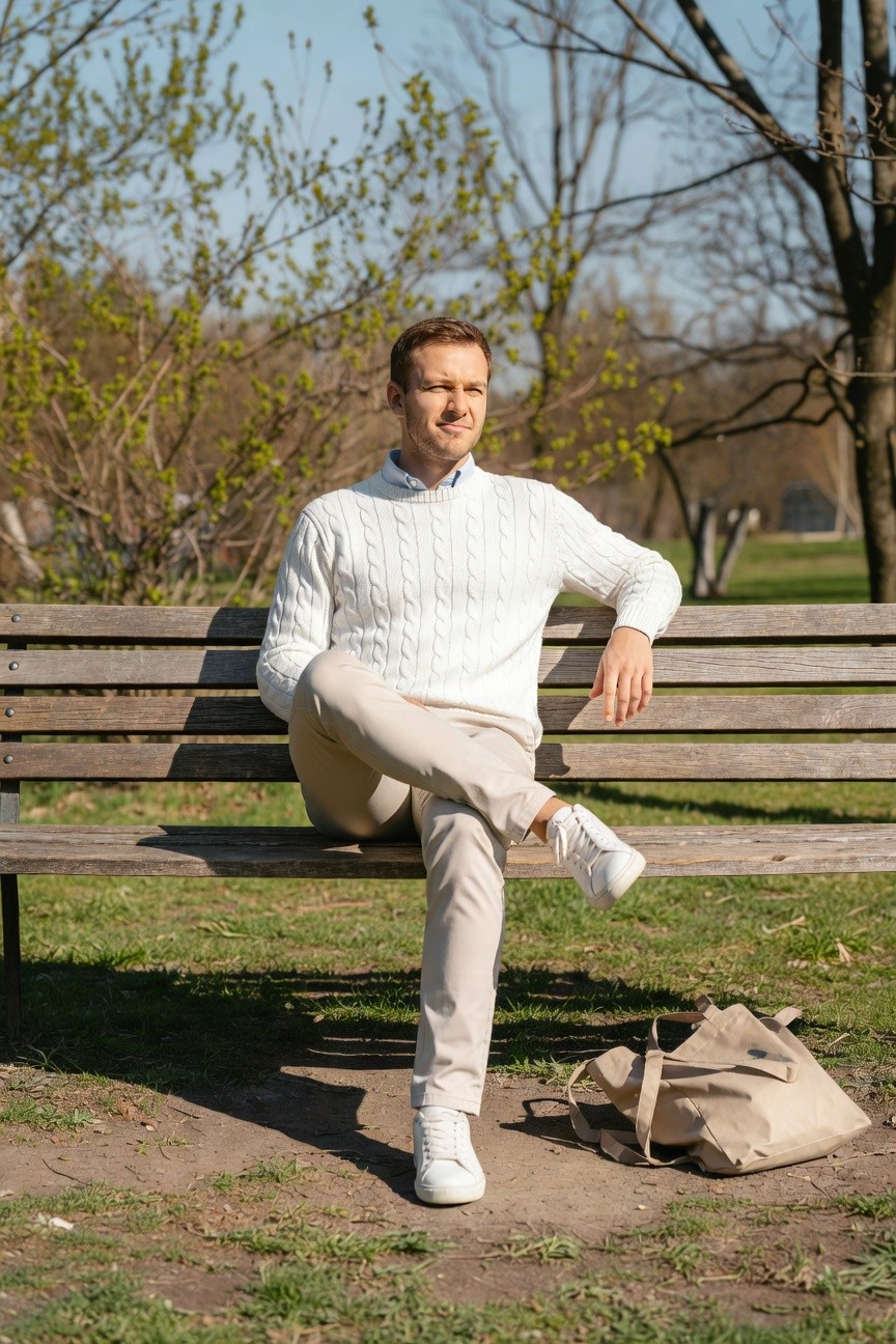 White Cable Sweater with Beige Chinos