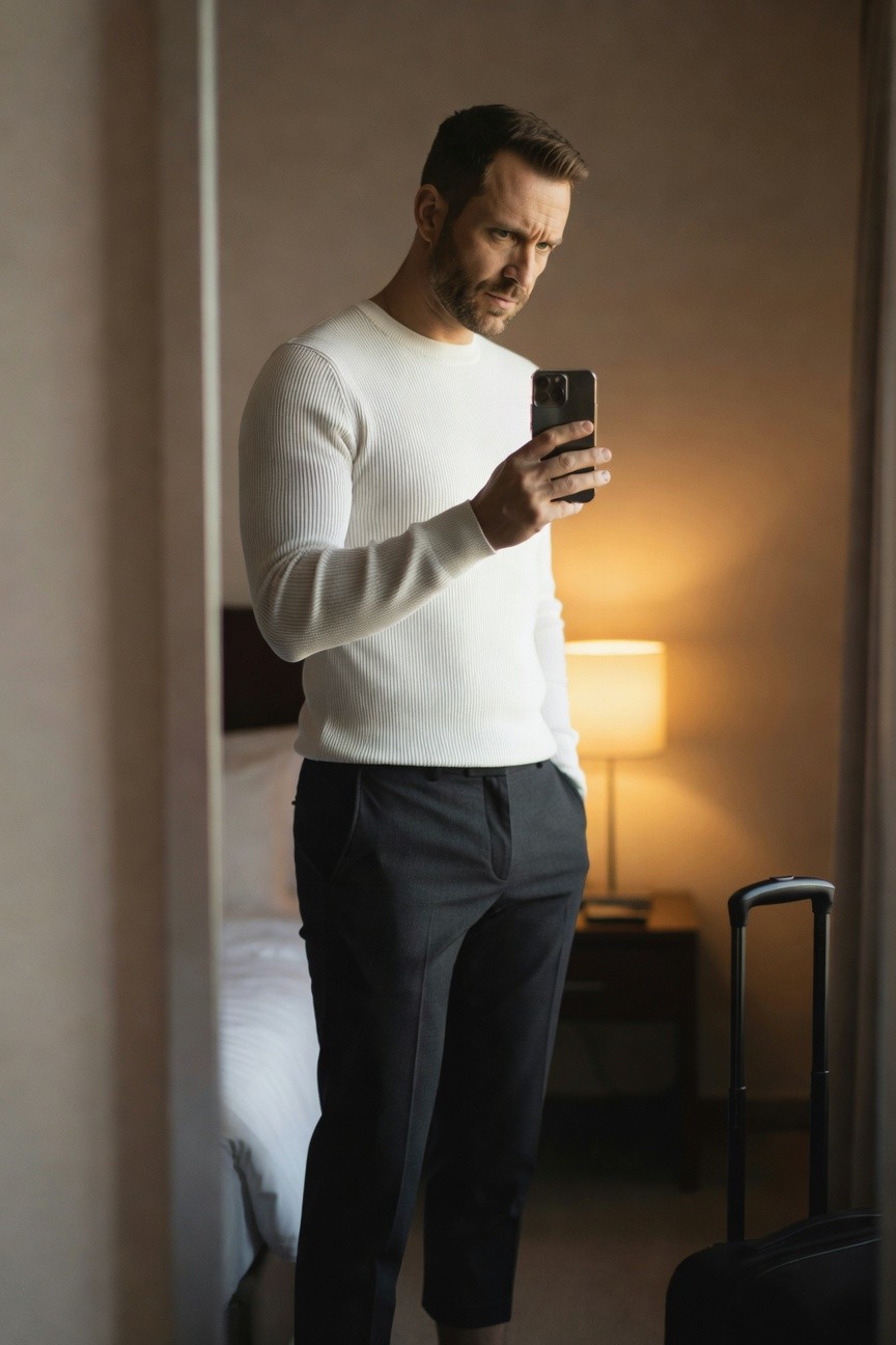 Man in white ribbed sweater and slim grey cropped trousers stands in front of hotel mirror holding phone, suitcase nearby
