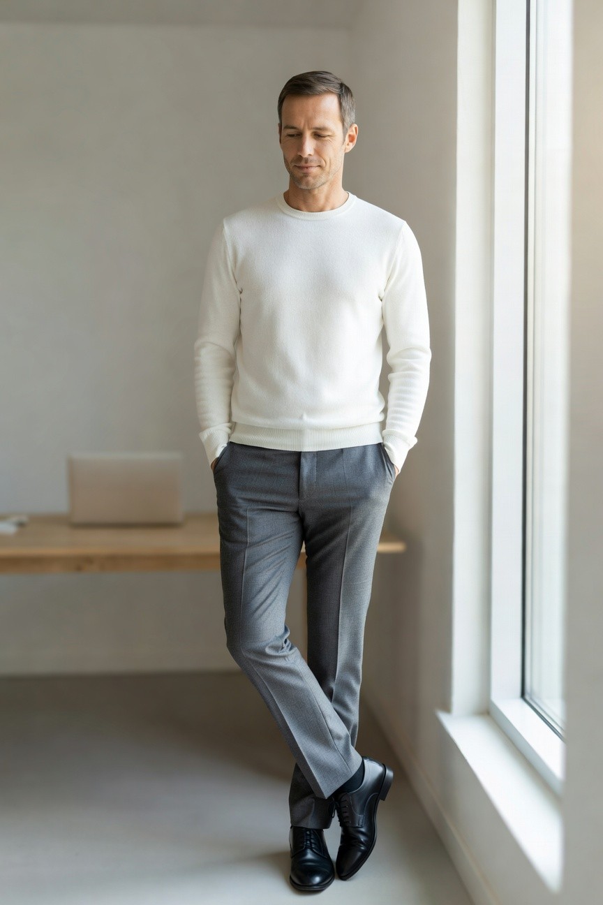 A man in his 40s with short brown hair wearing a fitted cream white crewneck knit sweater, slim medium gray wool trousers with hands in pockets, and polished black leather oxfords, standing casually with one leg crossed near a window and desk in a minimalist white room