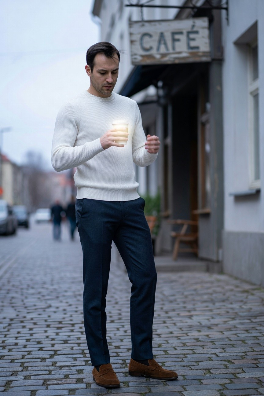 Man standing on cobblestone street in ribbed white crewneck sweater, slim navy trousers, brown suede loafers, holding steaming white coffee cup outside a cafe