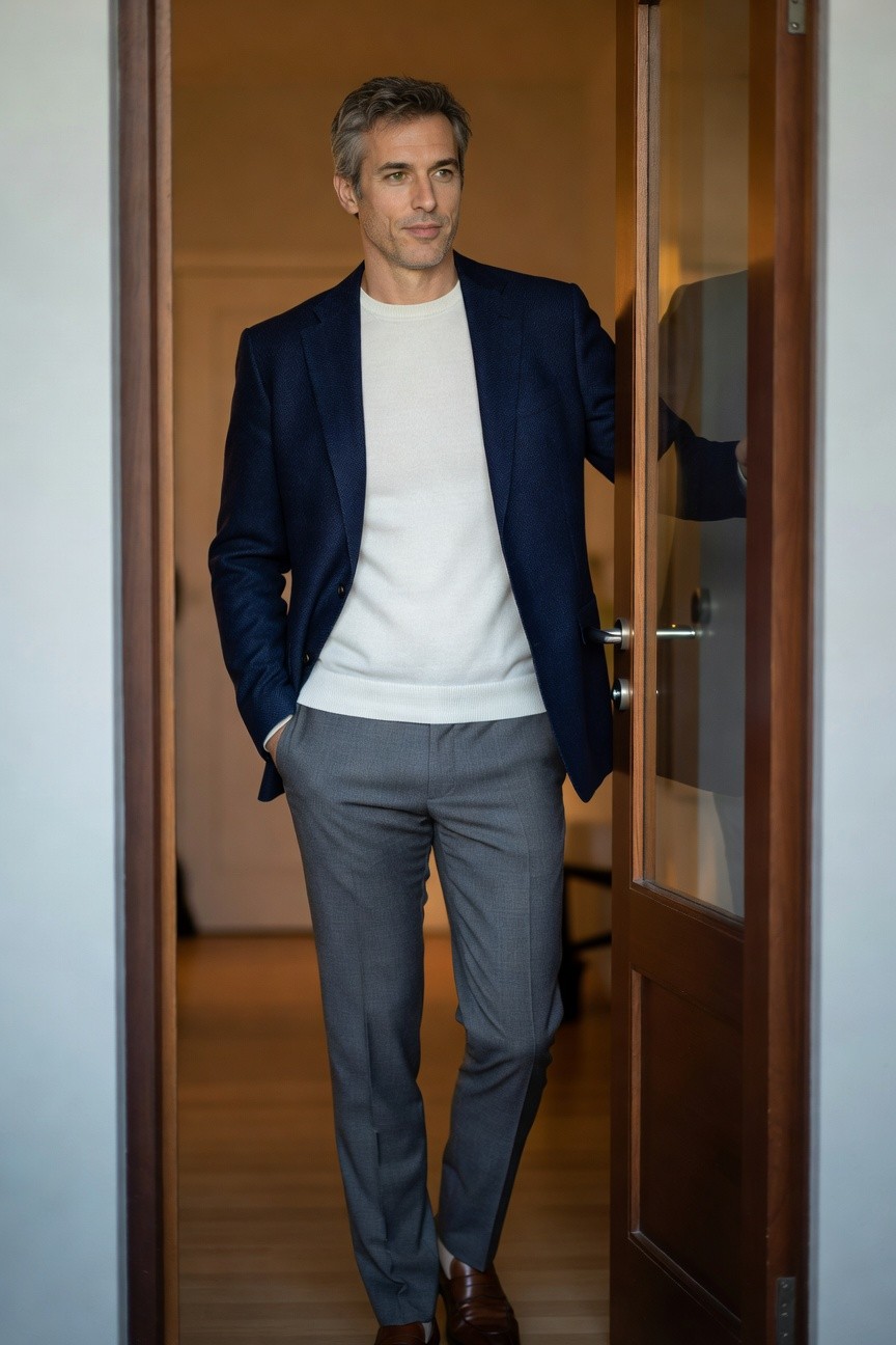 A man in a navy textured blazer over a white crewneck sweater, grey slim trousers, and brown loafers, leaning casually in a doorway.