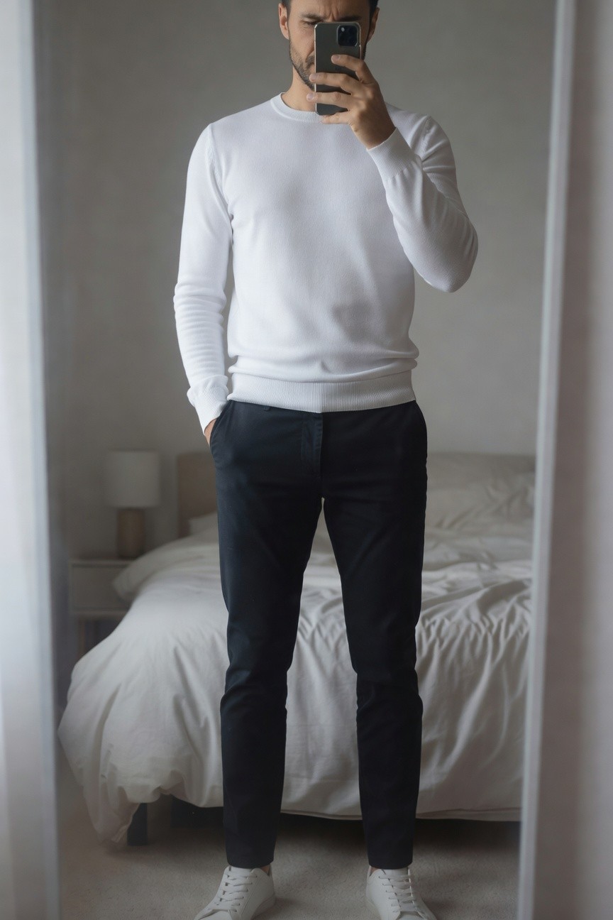 Man taking mirror selfie in white long-sleeve knit crewneck sweater, navy straight-leg trousers with hands in pockets, and white leather sneakers on light wood floor