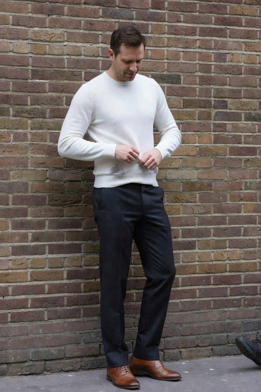 Man in white crewneck sweater, slim navy trousers, and brown brogue shoes leaning against brick wall while adjusting sweater hem