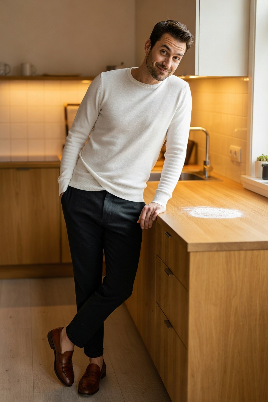 Man in white long-sleeve crewneck sweater, slim black trousers cropped at ankles, and brown leather loafers, leaning against wooden kitchen counter
