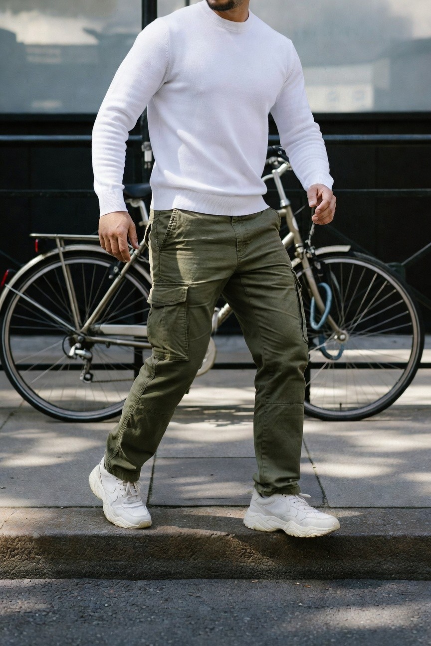 Man wearing a crisp white crewneck sweater, olive green cargo pants with multiple pockets, and white chunky sneakers, standing next to a bicycle on a sidewalk