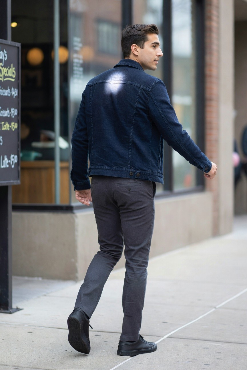 Side profile of a man walking away in a dark blue denim jacket, slim grey trousers, and black sneakers, outside a cafe with a specials board visible