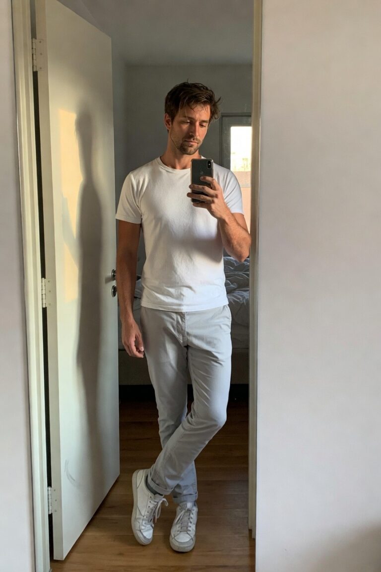 Man in white short-sleeve t-shirt, light grey chinos, and white sneakers posing casually in a bedroom doorway for a mirror selfie