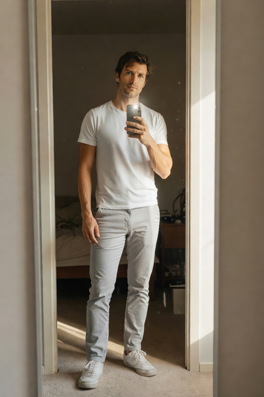 Man in white short-sleeve t-shirt, light grey chinos, and white sneakers posing casually in a bedroom doorway for a mirror selfie