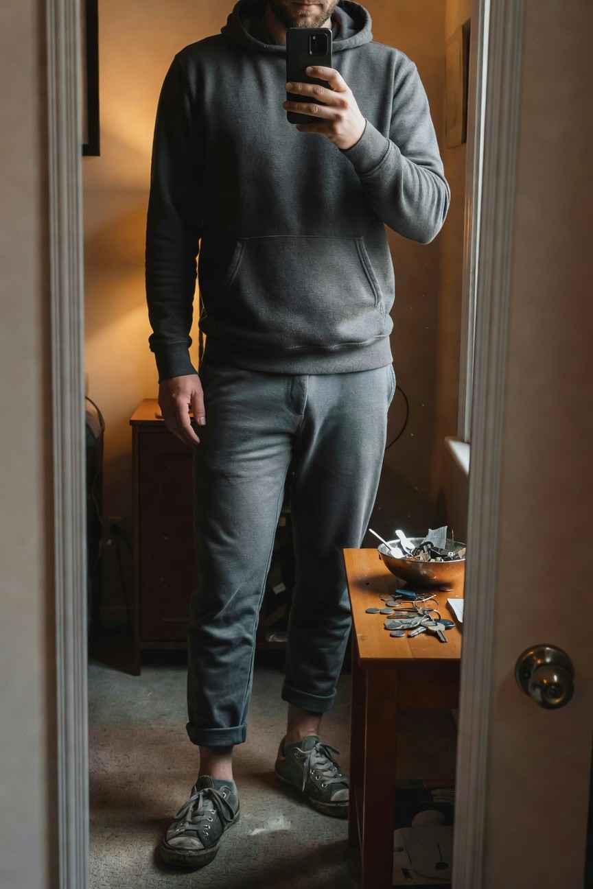 Man taking mirror selfie in full grey outfit including pullover hoodie, slim jogger pants cuffed at ankles, and worn grey high-top sneakers, standing in cozy indoor room with wooden desk nearby