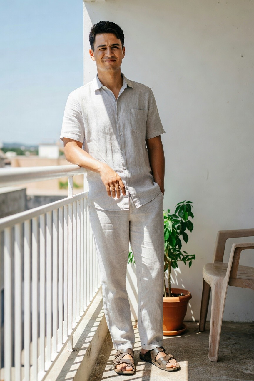 Man in light grey linen short-sleeve button-up shirt and matching wide-leg pants, brown leather sandals, hands in pockets leaning on railing