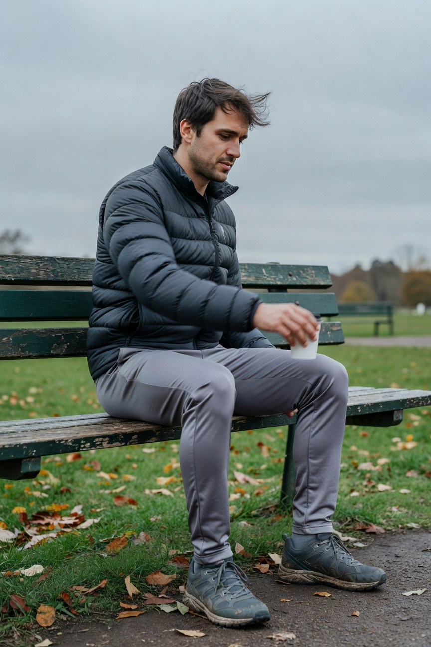 Man in black puffer jacket, slim grey pants, and grey trail sneakers sitting sideways on a green park bench holding a white cup
