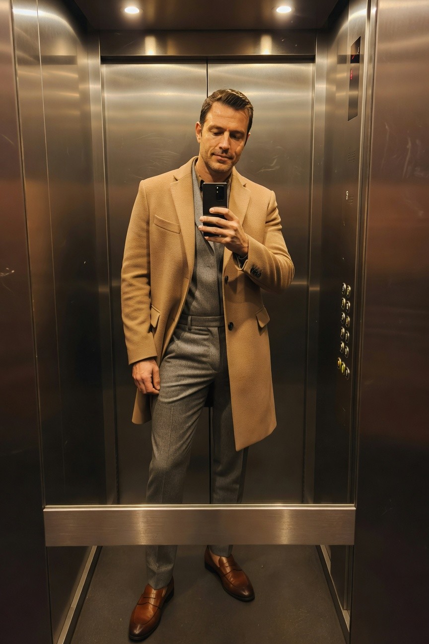 Man in elevator selfie wearing light grey trousers, matching grey vest, open camel overcoat, brown loafers, holding phone, stainless steel elevator walls reflecting outfit