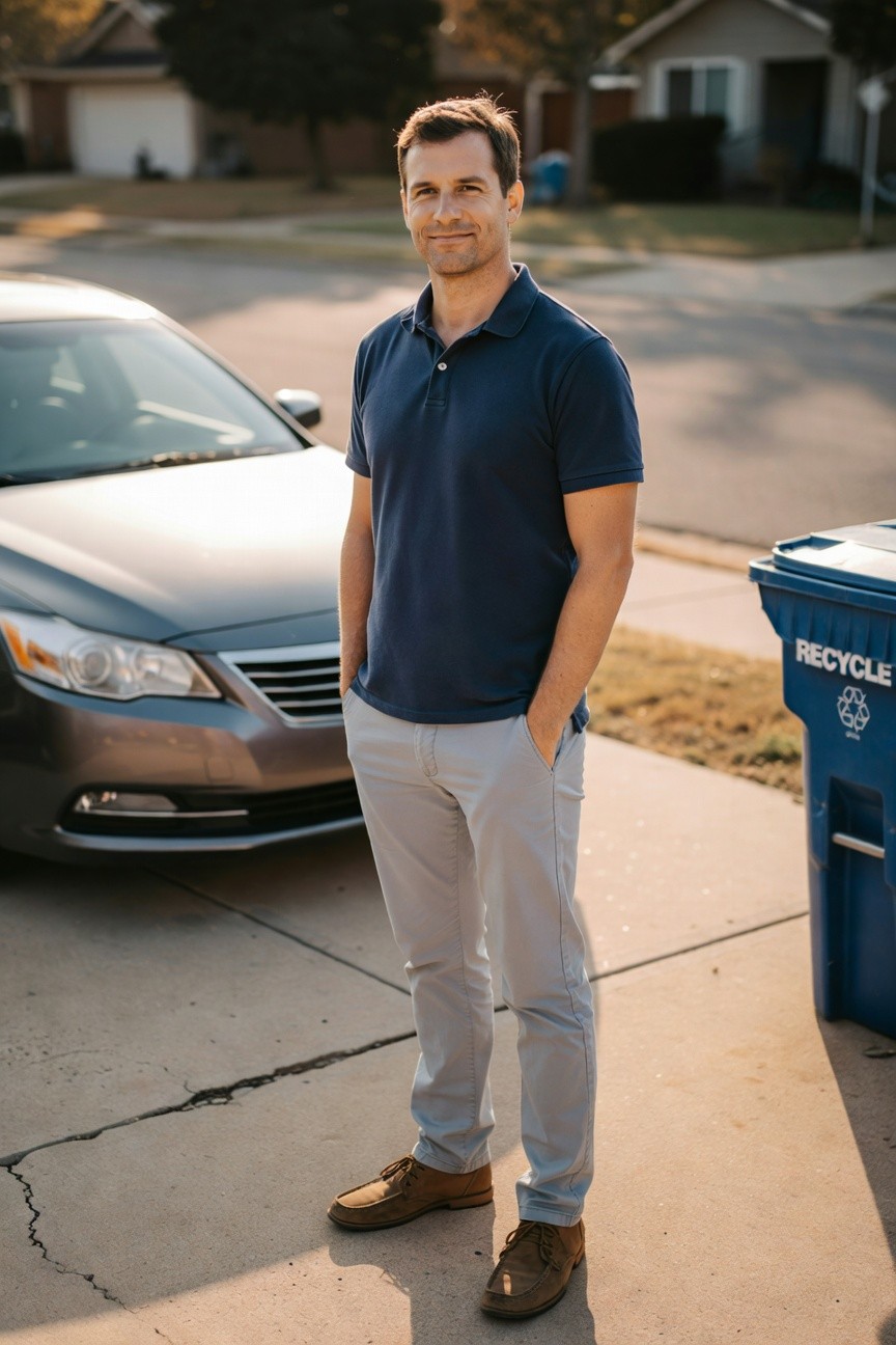 Man in navy short-sleeve polo shirt, light grey slim pants, and brown suede shoes standing casually with hands in pockets on a driveway