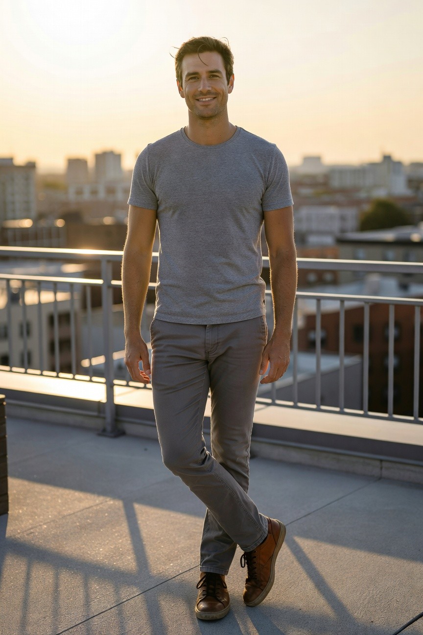Man standing casually on rooftop in light grey short-sleeve t-shirt, slim grey pants, and tan suede boots, smiling at sunset with city skyline behind
