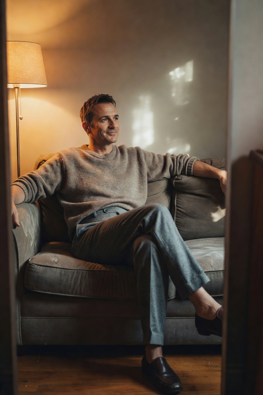 Man seated on couch in pale camel knit crewneck sweater, grey wool trousers with belt, and brown leather loafers, smiling relaxedly in warm indoor light