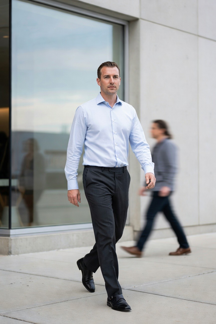 Man in light blue button-up shirt tucked into slim grey trousers and black buckled dress shoes, walking outdoors with blurred figure in background