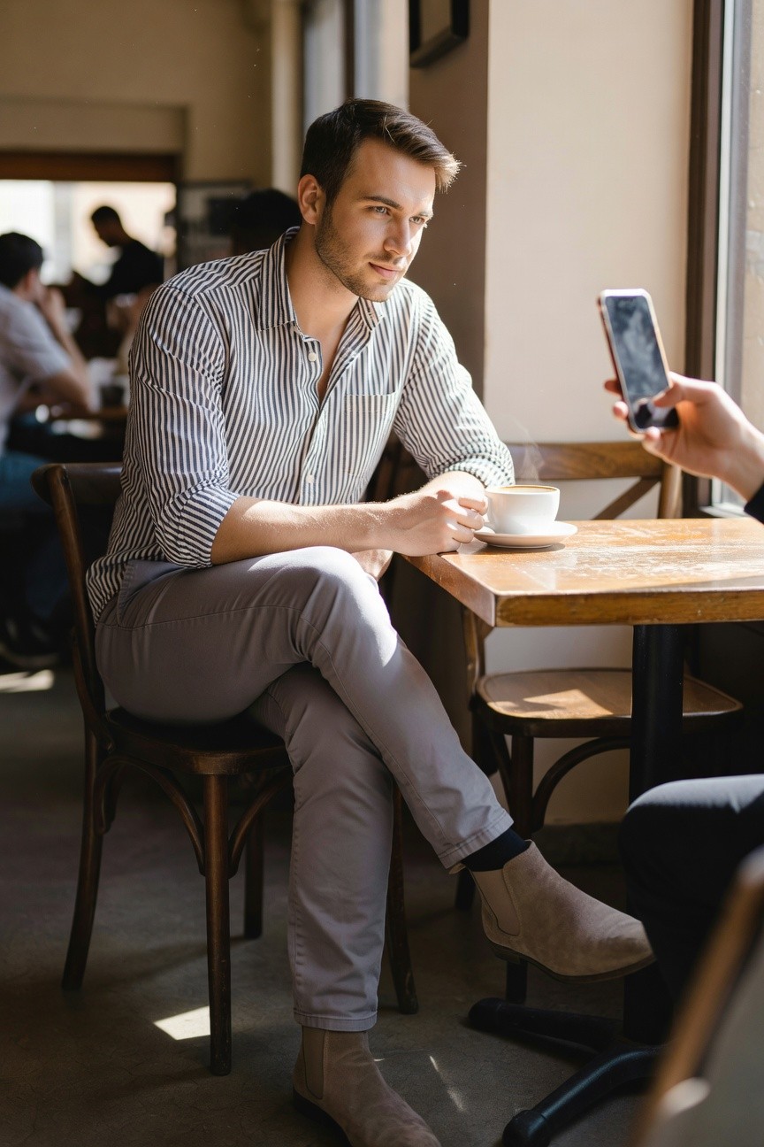 Man sitting at wooden café table wearing light grey slim pants, white and navy striped long-sleeve button-up shirt with rolled cuffs, beige suede chelsea boots, holding white coffee cup, viewed from across table with phone in foreground