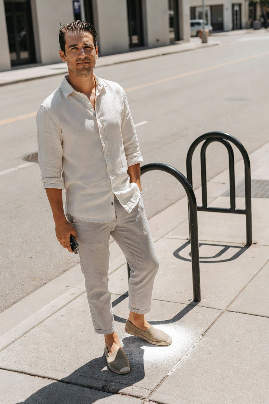 Man in white linen shirt with rolled sleeves, light grey cropped pants, and beige espadrilles, standing casually on sidewalk holding phone