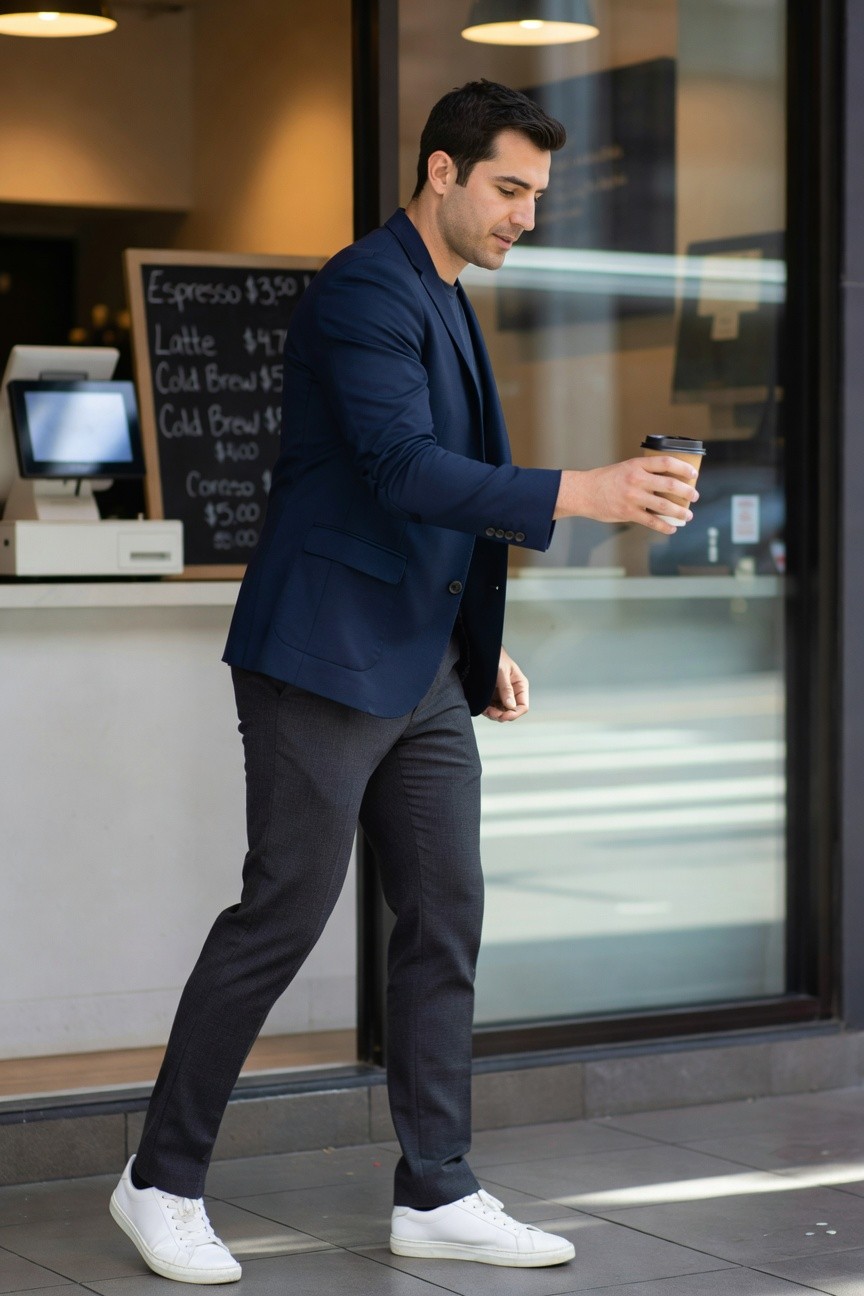 Man in navy blazer, slim grey pants, white sneakers with black socks, holding takeaway coffee cup while walking past cafe counter