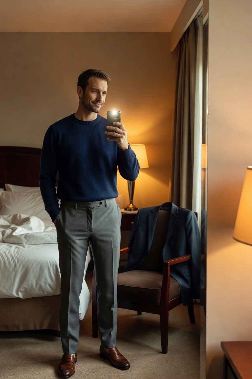 Handsome man in navy blue crewneck sweater, light grey wool trousers, and brown leather loafers, taking a mirror selfie in a hotel room with bed and navy jacket draped on chair nearby