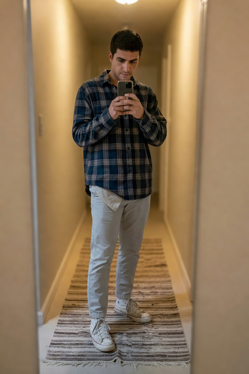 Man in a hallway mirror selfie wearing a dark blue plaid flannel shirt, light grey pants, and white Converse sneakers, holding a phone while looking down