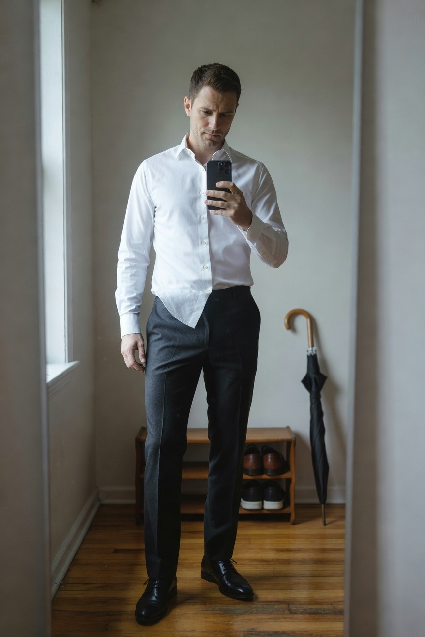 Man in white button-up shirt and slim charcoal grey trousers standing in hallway mirror selfie with phone, black dress shoes, polished look
