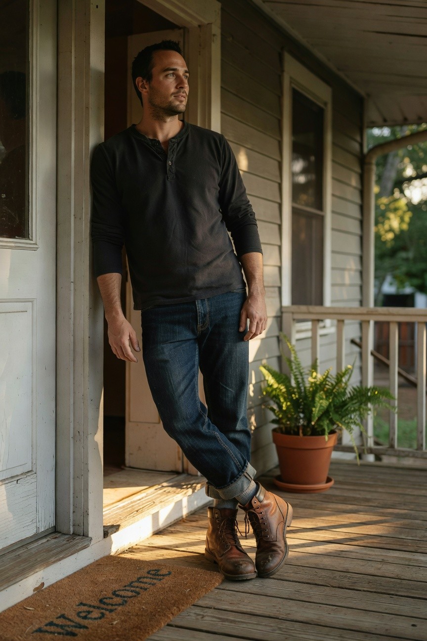 Man in black long-sleeve henley shirt, dark cuffed jeans, and brown leather boots, leaning casually by open door on wooden porch