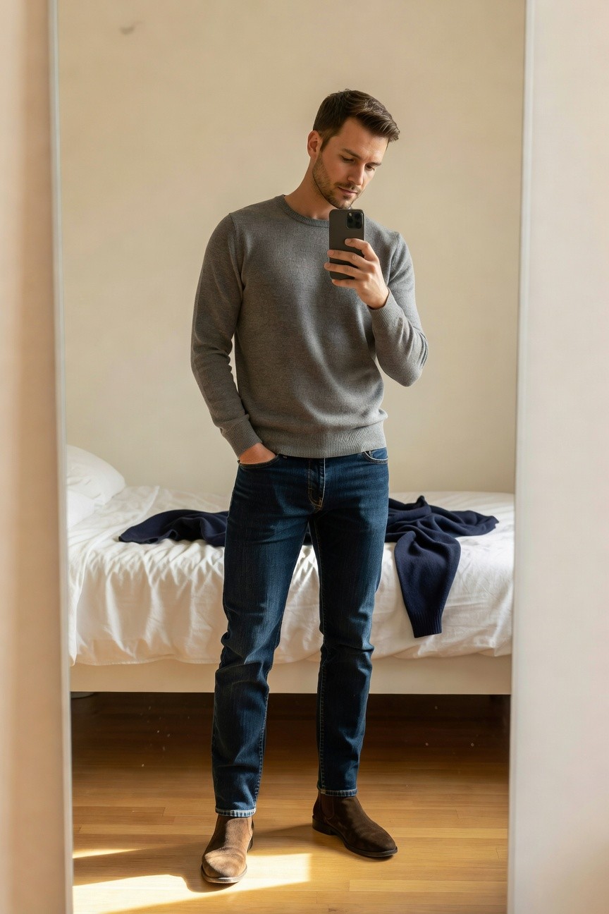 A man stands in front of a mirror wearing a light gray crewneck sweater, slim dark blue jeans, and brown suede chelsea boots, hands in pockets, casual pose in a bedroom setting.