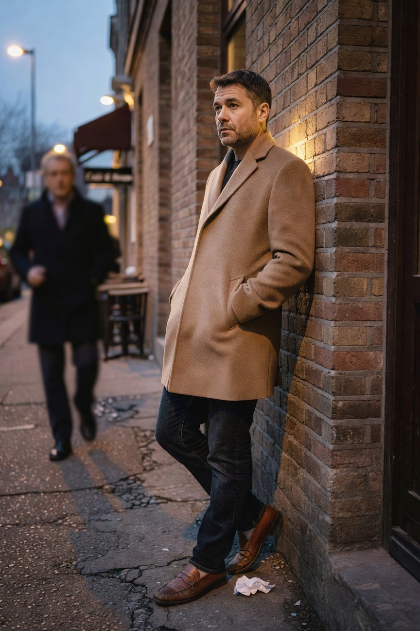 Man leaning against brick wall in open camel overcoat over dark sweater, slim dark jeans, brown tassel loafers, urban street setting at dusk