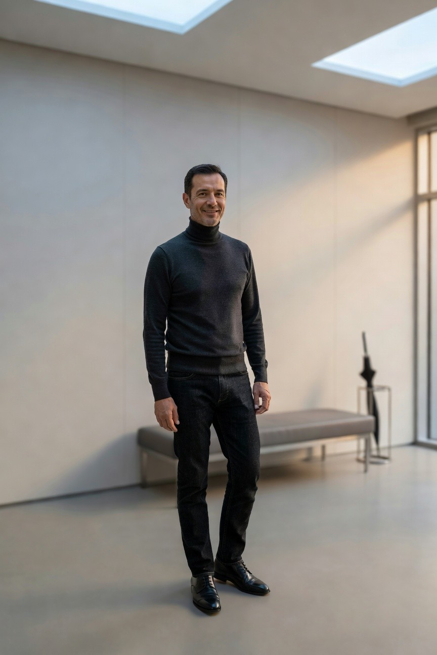 Man standing confidently in a fitted charcoal grey turtleneck sweater, slim dark jeans, and polished black leather oxfords in a minimalist modern interior